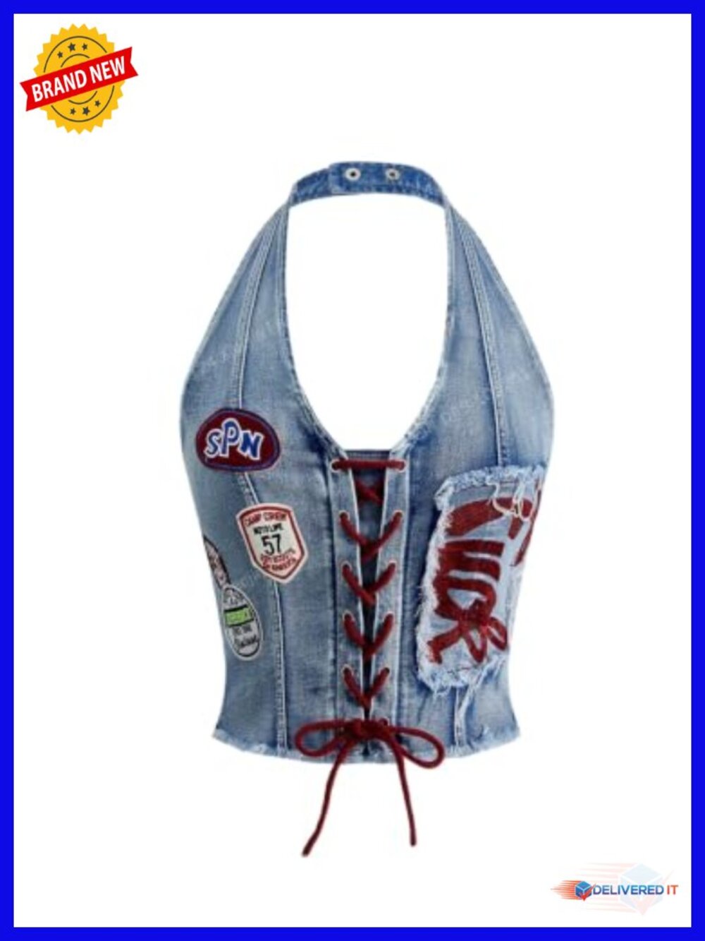 Embroidered Lace Up Denim Halter Top Crop Tank Top Smocked Backless Y2K